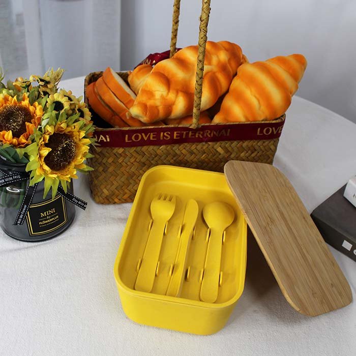 hot yellow 2 layer lunch boxes for school with cutlery set easy to carry (4)